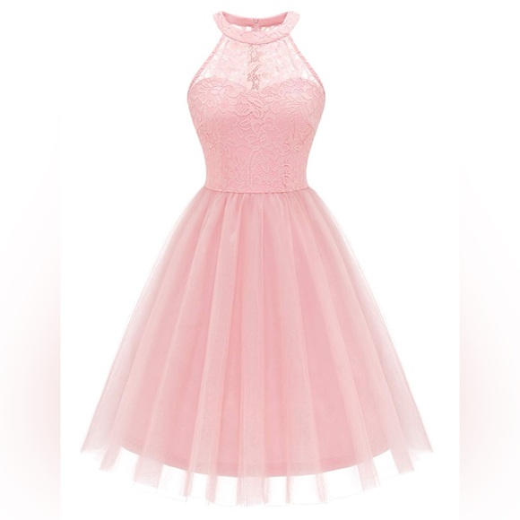 Dressystar pink lace halter sleeveless mini dress - Picture 1 of 7